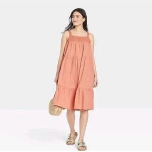 Universal Thread M Coral Tiered Midi Dress Boho Cotton Crochet Trim Sundress